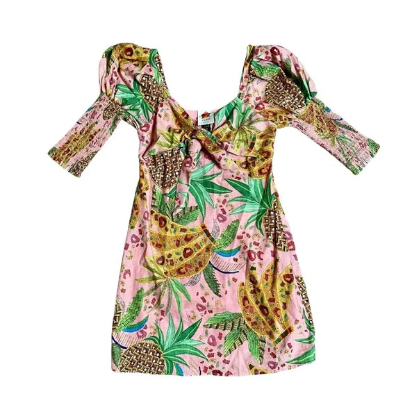 Farm Rio Pink Tropical Fruits Puff Sleeve Sweetheart Mini Dress XS - Picture 4 of 16